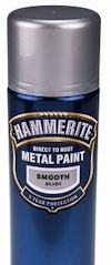 Sprayburk med blå etikett och texten "Hammerite Direct to Rust Metal Paint Smooth Silver". Grått lock.