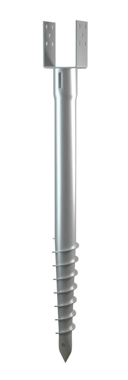 Markskruv med spiralformad gänga och en fast balksko upptill, metallisk yta.
