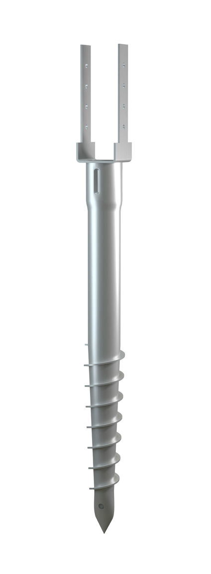 Metallisk markskruv med en spetsig ände och gängor, toppad med en balksko med två parallella flikar och hålrad.