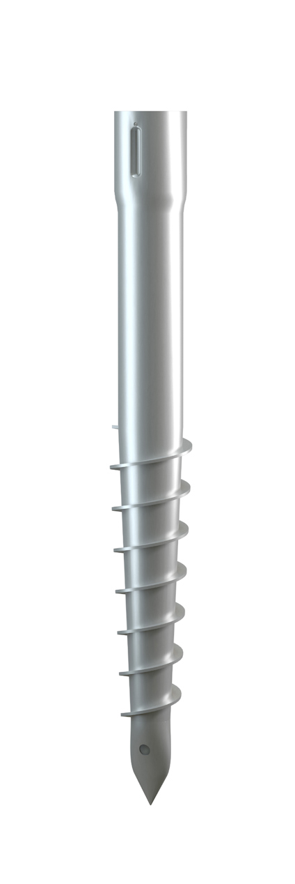 Metallisk markskruv med spiralformade gängor och en påbyggbar spets.
