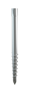Metallisk markskruv med gängad spets och cylindrisk kropp.