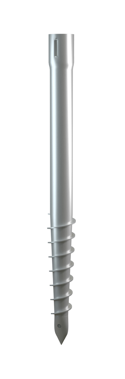 Metallisk markskruv med gängad spets och cylindrisk kropp.