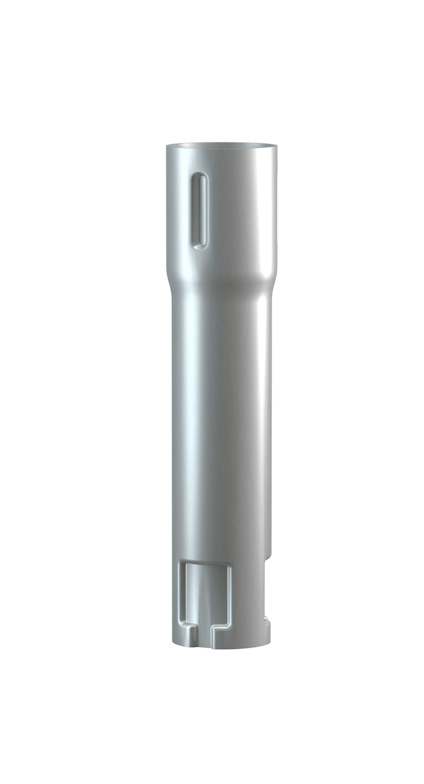 Metallisk cylinderformad förlängare med skåror och öppningar i båda ändar.