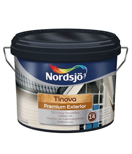 Färgbehållare från Nordsjö med etiketten "Tinova Premium Exterior" och nummer 14, mot vit bakgrund.