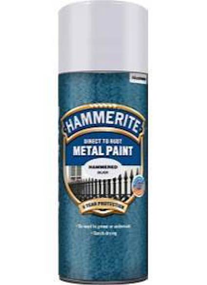 Sprayburk med etikett "Hammerite Direct to Rust Metal Paint" och "Hammered Finish."