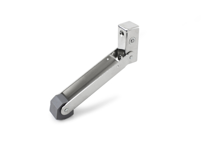 Metallisk dörrhållare i nickel finish med gummifot och gångjärn.