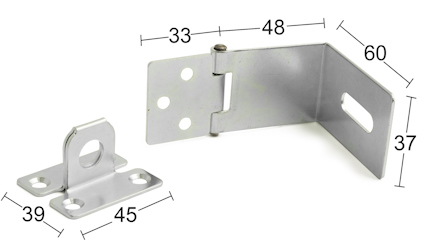 Två metallbeslag med hål och mått i millimeter: 33, 48, 60, 39, 45, 37.