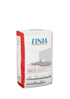 Vit och röd förpackning av byggmaterial med texten "FINJA" och "262 R". Ikoner och illustrationer av avjämningsprocessen visas.