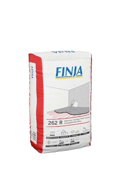 Vit och röd förpackning av byggmaterial med texten "FINJA" och "262 R". Ikoner och illustrationer av avjämningsprocessen visas.