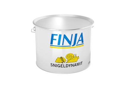Vit hink med blå texten "FINJA" och "SNIGELDYNAMIT" samt gul snigelillustration.