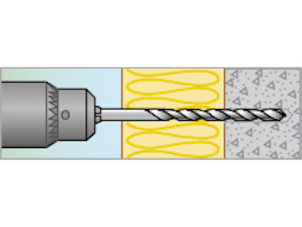 Illustration av en borrkrona som borrar genom lager av olika material, inklusive trä och betong.