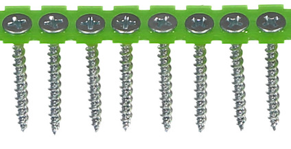 Bandad skruv med korsspårshuvuden monterade på grönt band.