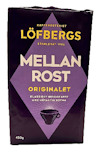 Förpackning med Löfbergs Mellanrost Originalet bryggkaffe, lila med gul och vit text, kaffekoppillustration.