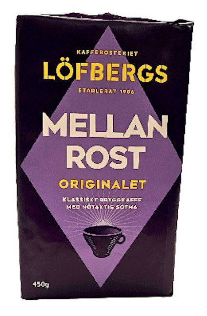 Förpackning med Löfbergs Mellanrost Originalet bryggkaffe, lila med gul och vit text, kaffekoppillustration.
