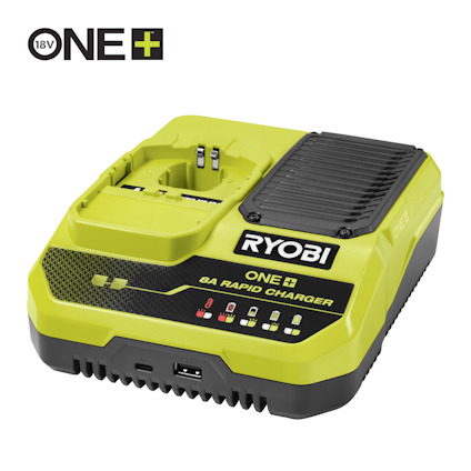 Grön och svart Ryobi snabbladdare med logotypen ONE+ och ikon för 18V.