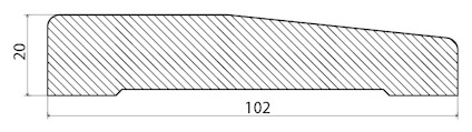 Tvärsnitt av en kilformad komponent med måtten 20 x 102 mm.