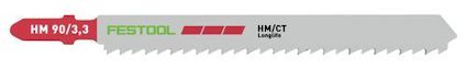 Sticksågsblad med text "HM 90/3,3", "FESTOOL", "HM/CT Longlife" och rött, grått och grönt färgschema.