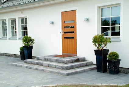 Trappa av grå stenplattor leder upp till en orange dörr med glasrutor, omgiven av vita väggar och fönster. Två växter i krukor.
