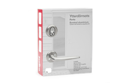 Förpackning till ytterdörrsats Porto i borstad aluminium, med synlig dörrhandtag och lås.