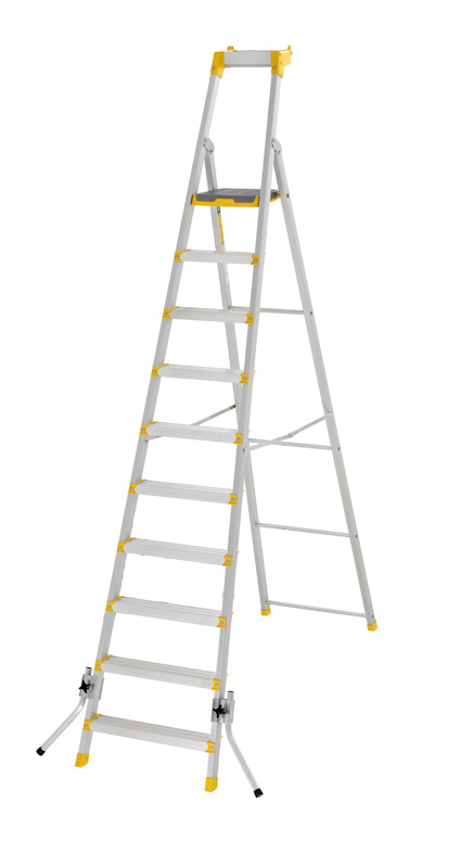Aluminium stege med tio steg och stödben, gulmarkerade detaljer och säkerhetsplattform.