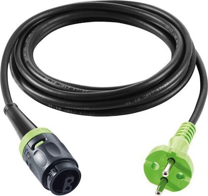 Svart kabel med gröna kontakter, en EU-stickpropp och en hona med tryckknappsfunktion.