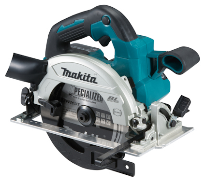 Cirkelsåg i turkos och silver med texten "Makita Specialized" på skyddsskivan.