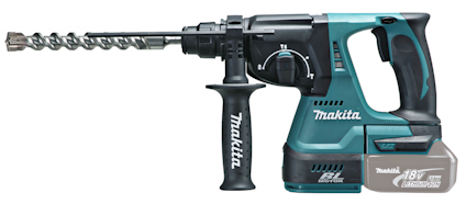 Slagborrmaskin med långt borr och sidohandtag, märkt "Makita 18V".