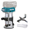 Multifräs från Makita i metall och plast, med tillbehör som kantlinjal och dammutsug. Märkt "Makita".