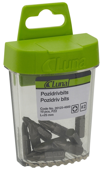Behållare med grönt lock innehållande pozidriv bits, 10 st, 25 mm, kod 20125-4000. Märkt Luna.