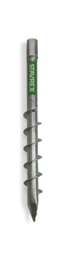 Metallisk jordskruv med spiralformad gänga och en spetsig ände mot en vit bakgrund.