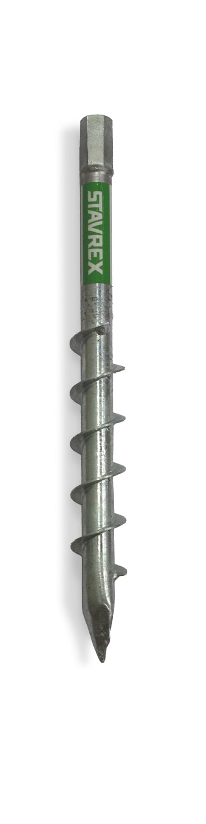 Metallisk jordskruv med spiralformad gänga och en spetsig ände mot en vit bakgrund.