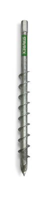 Metalldel med spiralformad design och en spetsig ände. Texten "STAYTEX" är synlig längs sidan.