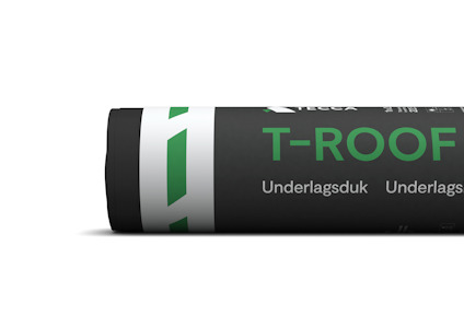 Rulle med underlagsduk, text "T-ROOF, Underlagsduk" syns delvis.