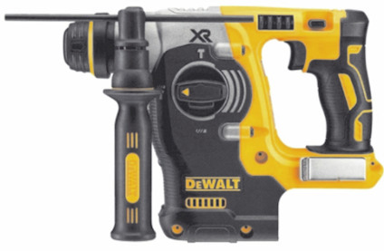 Gul och svart borrhammare med handtag, detaljerad kontrollpanel och märkning "DeWalt" på sidan.