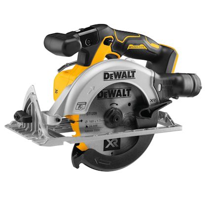 Batteridriven cirkelsåg med gul och svart design, märkt "DeWalt" och "XR". Utrustad med ett runt sågblad och handtag.