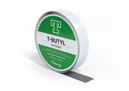 Rulle med vitt skarvband märkt "T-BUTYL" och "SKARVBAND".