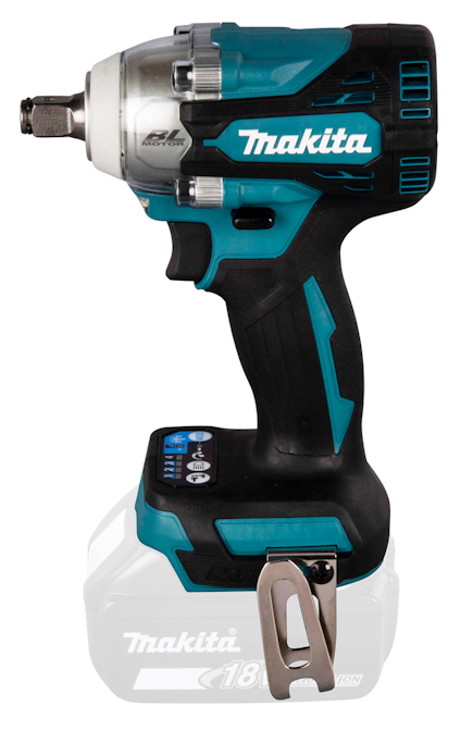 Trådlös Makita mutterdragare med 18V batterifäste, svart och turkos design.