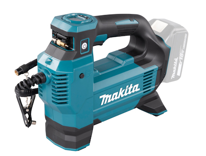 Blå och svart Makita luftpump med väska, slang och digital display.
