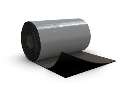 Rulle med silverfärgat material och svart undersida.