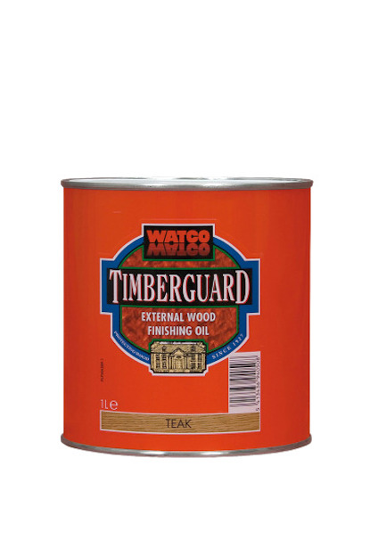 Röd burk med Timberguard-märke, texten "EXTERNAL WOOD FINISHING OIL", "1L" och "TEAK" synlig på etiketten.