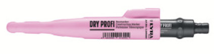 Rosa pennliknande djuphålsmärkare med svart text "DRY PROFI" på sidan och svart spets.