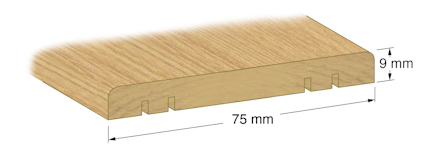 Träbit med rundad kant och urtag, mätt i millimeter.