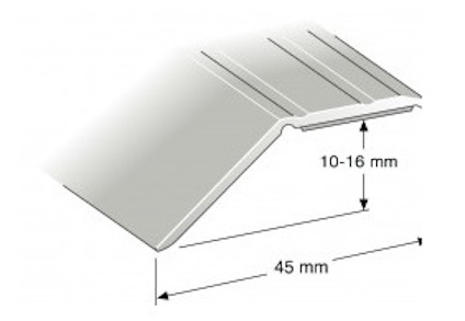 Silverfärgad nivålist med självfästande undersida, med mått på 10-16 mm och 45 mm.