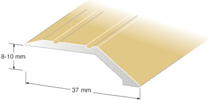 Guldfärgad nivålist med sned kant och räfflat mönster. Visar profil med måttangivelser 8-10 mm och 37 mm.