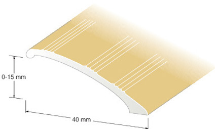 Illustration av en guldfärgad nivålist med bågformat tvärsnitt och mönstrade ränder. Mått 0-15 mm och 40 mm visas.