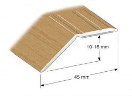 Nivålist med träliknande yta i ekfärg, v-formad profil, självhäftande baksida, texten anger dimensioner 10-16 mm och 45 mm.