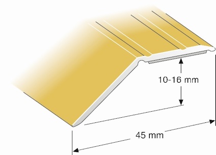 Illustration av en självhäftande nivålist i guld, visad från sidan med markeringar för tjocklek och bredd.