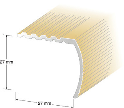 Diagram av trappnos i snitt med guldfärgad utsida och räfflad ovansida. Måtten är 27 mm x 27 mm.