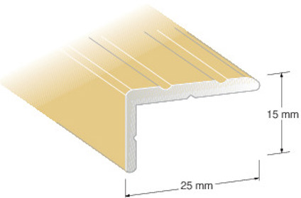 Guld trappnosprofil med måttangivelser 25 mm bredd och 15 mm höjd.