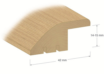 Tvärsnittsillustration av en ekfärgad nivålist med markerade mått 14-15 mm och 42 mm.